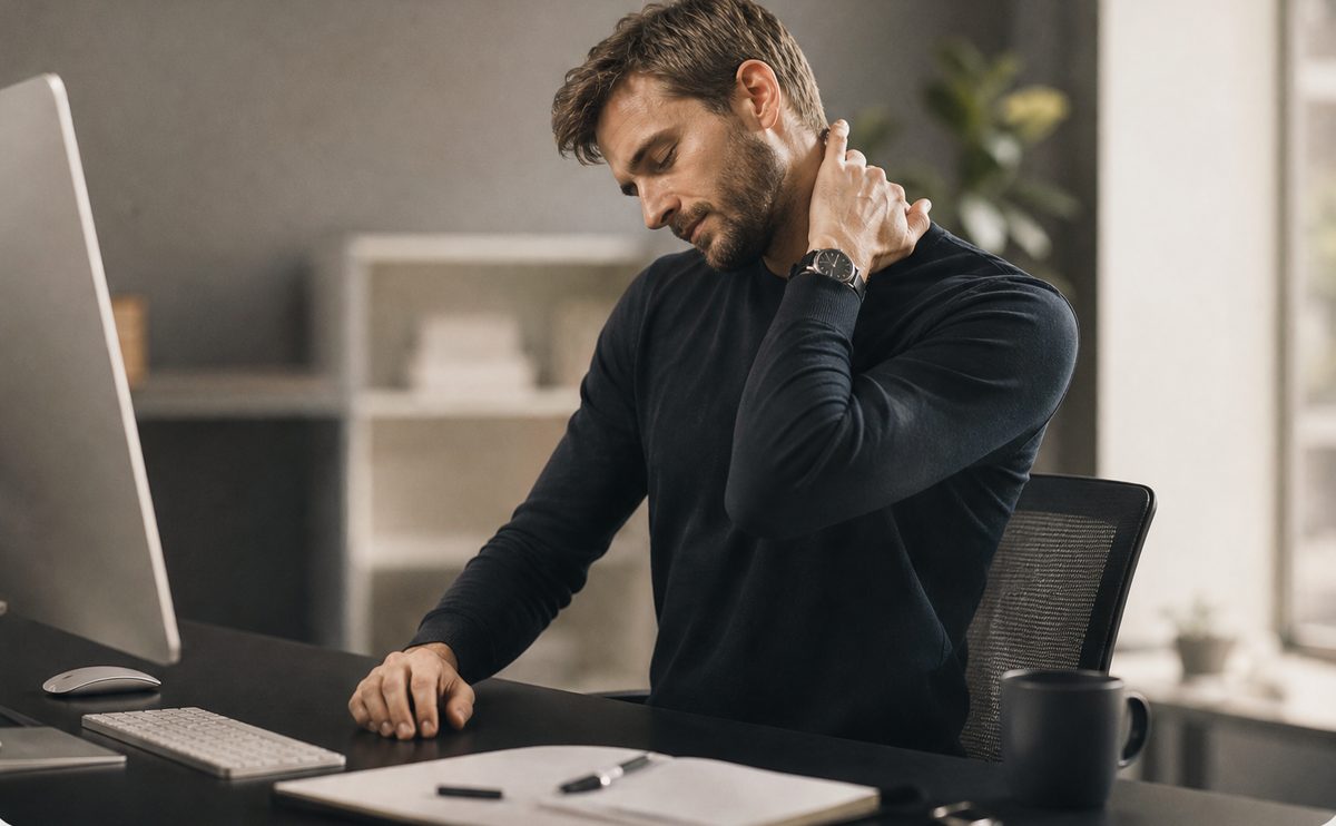 A man at his desk holding his stiff, aching neck