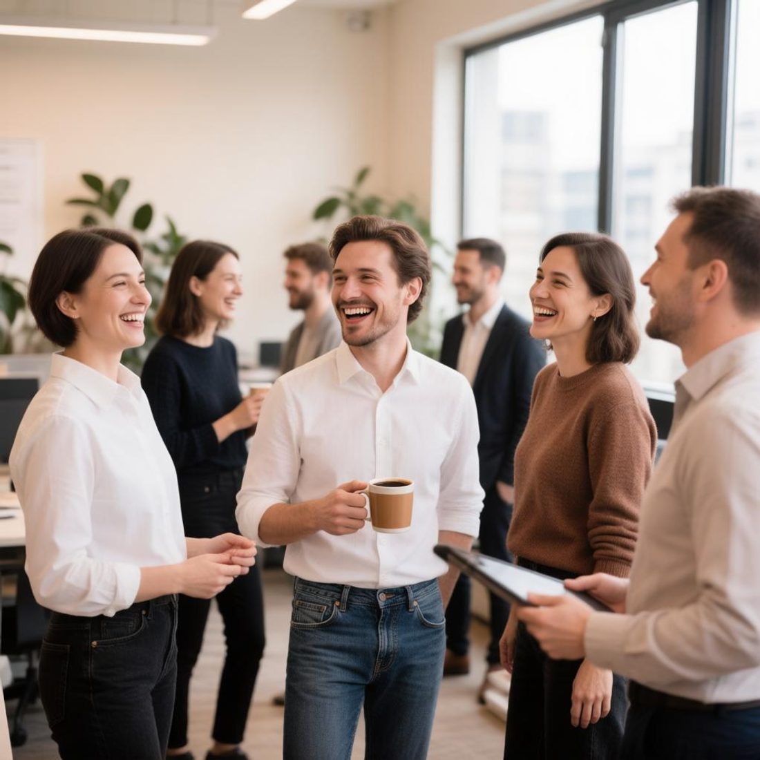 A group of colleagues laughing together in a bright office