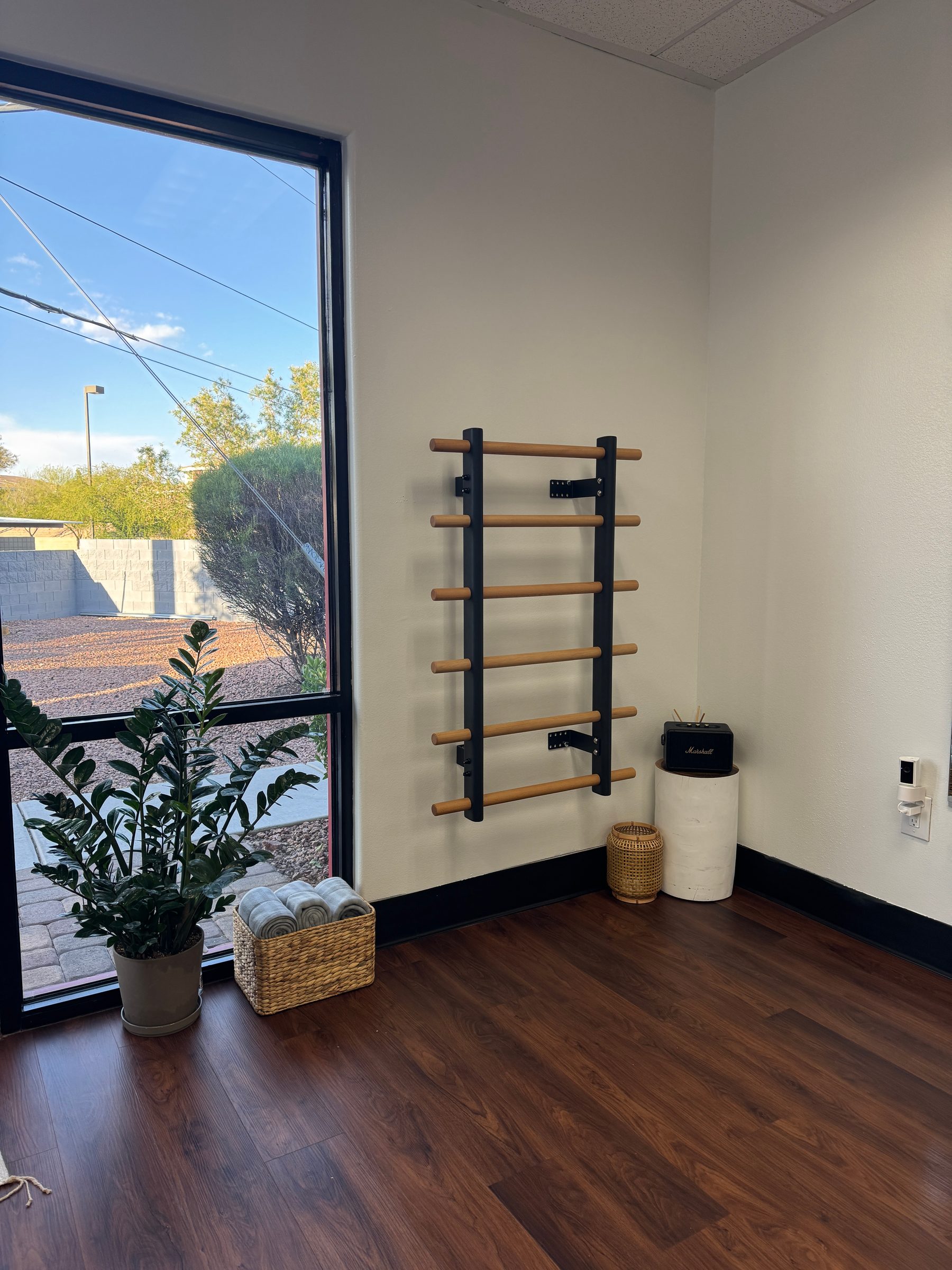 Corner of Coach Ilona Studio with a wall-mounted wooden ladder rack, plants, and daylight from the front window